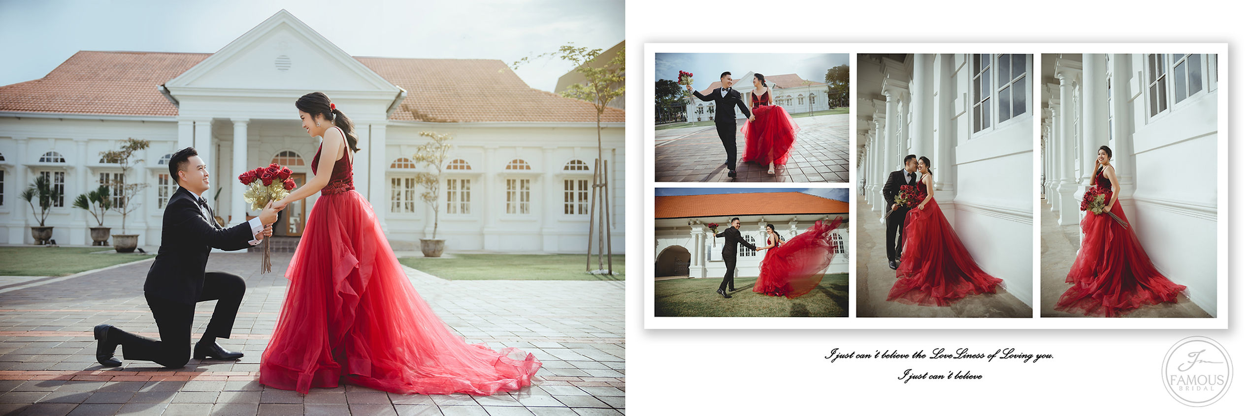 Pre-wedding proposal styling with red gown by Famous Bridal