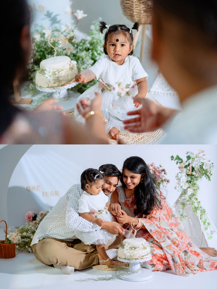 One-year cake smash family portrait in Famous Bridal studio