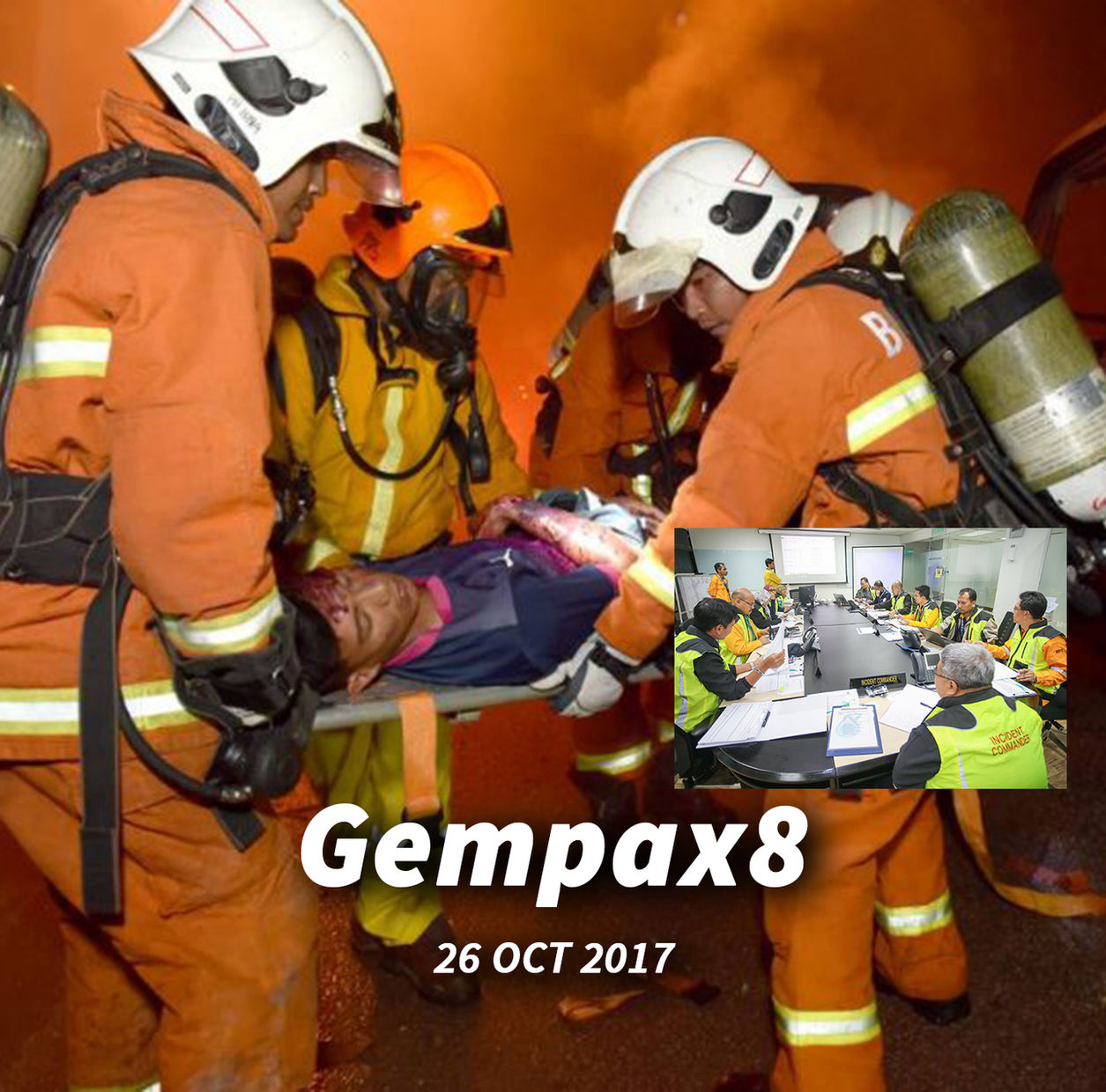 Emergency rescue training photography with helmeted responders carrying an injured participant during a safety drill