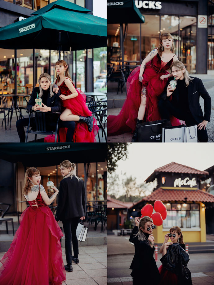 Young Chinese couple outdoor cafe pre-wedding editorial in Kuantan