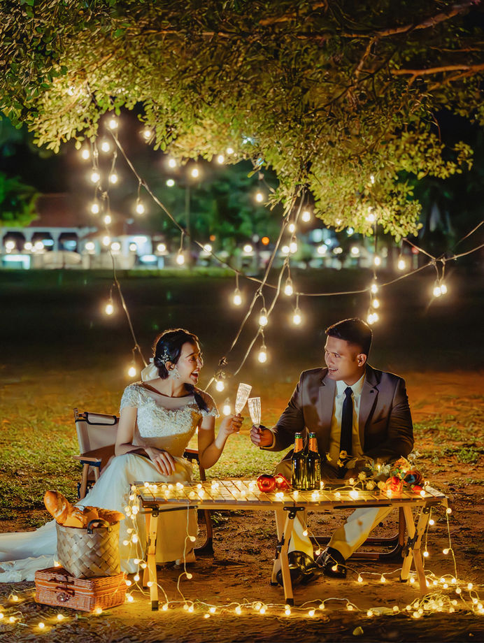 Kuantan night view pre-wedding photo with lights and smoke
